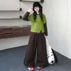 Traje de Pantalón Ancho de Dos Piezas Falsas para Niñas, Novedad de Otoño, Estilo Coreano, Conjunto de Dos Piezas, Top Verde Holgado, Pantalones Largos Marrones, Otoño