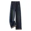 Jeans retrô azul escuro de cintura alta e perna larga para mulheres, corte solto, emagrecimento, com caimento, moderno, com barra dobrada, estampado, calça reta estreita