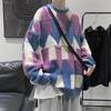 Rhombus Plaid suéter de gola redonda masculino outono e inverno estilo coreano preguiçoso marca de moda retrô casual solto casal top
