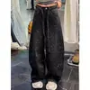 Jeans Feminino Estilo High Street Americano Garota Picante com Patchwork de Strass, Calça Fashion de Caimento Solto Estilo Preguiçoso Comprimento Total para Mulheres