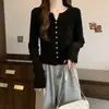 Cárdigan de punto fino negro de manga larga para otoño e invierno, chaqueta exterior corta ajustada para mujeres petite