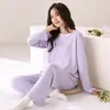 Pijama Feminino Simples de Algodão Outono Manga Longa Calça Longa Gola Redonda Casual Solto Pode Ser Usado Fora Confortável Conjunto para Usar em Casa
