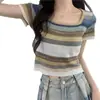 Camiseta de Tricô Listrada Colorida Arco-Íris Manga Curta Gola Quadrada Feminina Verão Fina Slimming Look Top Curto Tendência Ins