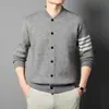 Suéter Masculino Juvenil de Malha com Zíper Meio Alto e Listras Verticais, Manga Longa, para Primavera, Outono e Inverno, Quente e Grosso, Estilo Casual e Relaxado