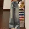 Chao Li tiene jeans de campana lavados en stock para mujer, cintura alta, pierna doble holgada, muestra delgadez, elásticos, nuevos pantalones de campana micro para otoño e invierno