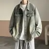 Chaqueta de Mezclilla Amarillo Lodo para Hombre, Primavera y Otoño, Corte Holgado, Lavada, Diseño Casual Retro Americano, Cuello Campana, Top de Moda