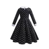 Fantasia Cosplay de Halloween Infantil Família Addams Quarta-Feira Negra Vestido com Lapela para Menina