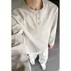 Camisa Retro Americana de Manga Larga con Cuello Henley para Hombres y Mujeres, Holgada, Textura Imitación Lino, Base de Media Botonadura, Estilo Pareja, Versátil