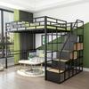 Apartamento nórdico de hierro con cama elevada a cuadros, dormitorio, cama ahorradora de espacio, silla inferior, cama elevada, cama de hierro para el hogar
