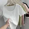 Camiseta de Manga Corta Ajustada con Cuello en U para Mujer, Estilo Veraniego con Diseño de Botones, Largo Corto para Figuras Petites, Top de Algodón Canalé Pure Desire