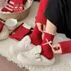 Meias Vermelhas para Mulheres, Meias de Lã Grossas e Quentes com Renda Doce e Laço, Meias de Cano Médio, Meias Vermelhas para o Ano Novo, Sem Costura