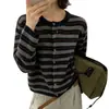 Elegante cárdigan de punto a rayas color block para mujer, diseño europeo otoño/invierno, corte holgado, suéter abrigo versátil y suave