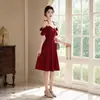 Vestido de Verano Corto Rojo sin Tirantes Hombros Descubiertos para Mujer con Mangas de Volantes, Falda de Línea A de Cintura Alta, Vestido para Reunión de Fiesta de Cumpleaños