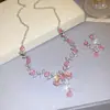 Conjunto de joias europeu e americano transfronteiriço, brincos e colar florais rosa, design de strass, acessórios de noiva para casamento atacado