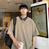 Camiseta de Manga Curta Masculina Verão Tendência Americana Splicing Gola Polo Solta Casual Manga Meia para Homens