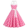 Temperamento Europeo y Americano Estilo Hepburn Retro Lunares Lazo en la Espalda Espalda Descubierta Cuello Halter Gran Oscilación Vestido Abullonado Disfraz de Actuación para Dama de Honor Mujer