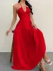 Vestido de Verano Nuevo Estilo Europeo y Americano de Color Sólido Sin Tirantes Sexy Espalda Descubierta con Tirantes para Vacaciones en la Playa y Uso Casual