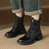 Versão em couro bovino~Botas de tornozelo com plataforma tamanho pequeno femininas retrô Velcro Chelsea botas justas faixa elástica Botas Martin