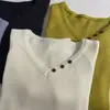 ¡Contiene lana fina, estilo coreano! Nuevo top de punto de manga larga liso de color sólido con cuello en V, adelgazante y versátil para mujer, otoño 2026