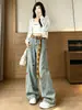 Jeans de Mujer con Bordado de Dibujos Animados Retro Americano, Pantalones de Pierna Ancha Sueltos de Cintura Alta para Otoño, Tendencia