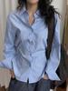 Nova Camisa Listrada Vazada Estilo Coreano Estilo Designer Primavera e Verão Silhueta Top Sexy Emagrecedor para Mulheres