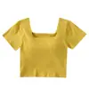 Camiseta de cintura alta para mujer, expone el ombligo, manga corta, copa, una pieza, cuello cuadrado, ropa interior, top ajustado con base y almohadilla de soporte