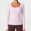 Camiseta de manga larga para mujer estilo americano transfronteriza con cuello en U en color café, corte ajustado, con sensación de segunda piel, adecuada para deportes, fitness y yoga