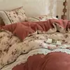 Estilo Hepburn Francés Línea A 100% Algodón 21s Cepillado de Alta Gama Juego de Ropa de Cama de Cuatro Piezas Estampado Floral Retro Estilo Encaje de Algodón Puro Ropa de Cama