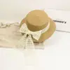 Sombrero de Sol con Cinta de Encaje para Familia Sombrero de Paja de Verano Copa Plana Parasol para Adultos Transpirable Tejido con Lazo Sombrero de Pescador
