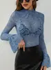 Comércio Exterior Transfronteiriço Europeu e Americano Roupas Femininas, Lingerie Elegante, Camisa de Renda Transparente para Usar por Baixo, Top de Renda Slim de Manga Longa, Moda Feminina