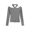 Camiseta feminina de manga comprida com decote halter picante e ombros de fora, design com senso bidirecional, parte inferior justa, cor sólida, top curto