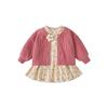 Xiyu 2025 Primavera Novo Conjunto de Duas Peças Infantil para Meninas Vestido de Manga Longa Terno Cardigã Peça Externa de Tricô Atacado