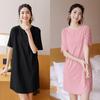 Vestido nuevo de estilo coreano de primavera y verano de seda de hielo de largo medio, manga corta, falda base para mujer, color sólido, cuello redondo, talla grande, adelgazante, camisón