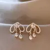Pendientes de Perla y Lazo Estilo Coreano para Mujer, Aretes Florales de Encaje, Exquisitos Pendientes con Colgante de Circonita, Venta al por Mayor