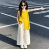 Conjunto de Verão para Meninas 2026 Novo Estilo Coreano Camisa Boneca Colete Calça de Pernas Largas Calça Saia Casual de Verão Conjunto de Duas Peças Tendência
