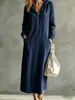 Vestido Longo com Capuz e Meio Zíper de Algodão e Linho, Mangas Longas com Punhos, Estilo Férias, Estilo Casual, Outono 2026, Cruzamento de Fronteiras Europeu e Americano