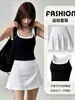 Vestido Deportivo Negro de una Pieza con Tirantes para Mujer, Falso Dos Piezas, Anti-Exposición, Secado Rápido, Falda de Tenis, Falda de Yoga Fitness