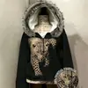 Abrigo con capucha vintage Y2k para mujer, estampado de leopardo para otoño e invierno, con cuello de pelo, sudadera con cremallera tipo cárdigan, estilo subcultura ins, chica popular