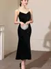 Vestido de tirantes estilo francés negro de cola de pez Sexy de terciopelo con lentejuelas Cumpleaños Petite Reunión Anual Vestido de Noche