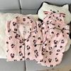 Fábrica de Origem Primavera e Outono Pijama de Manga Comprida e Calça Comprida para Mulheres, Algodão Nuvem Estilo Coreano Desenho Animado Doce Conjunto Cardigan Estilo Ins