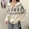 Cárdigan Jacquard Fair Isle Azul Retro Primavera y Otoño para Mujer Estilo Perezoso Retro Suéter de Punto con Cuello Redondo