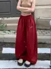 Calça de Sarja Vermelha Wide-Leg com Cordão, Estilo Retrô Americano Outono e Verão, Calça Parachute Plissada de Secagem Rápida para Mulheres, Calça Casual Solta com Caimento