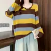 Outono/Inverno 2026 Novo Tamanho Plus Size Puro Desejo Estilo Preguiçoso Listrado Cor Contrastante Manga Longa Suéter de Tricô Jovem Suéter Top