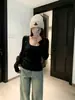 Blusa de manga comprida com gola cor de café feminina outono e inverno novo estilo estilo coreano temperamento acinturada justa peça íntima modeladora malha casual