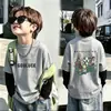 Ropa interior térmica casual de forro polar alemán con retazos moderna y genial para niños, Otoño Invierno, Niños Medianos y Grandes, Ropa interior cálida, Top de cuello redondo de dos piezas falsas, Moderno