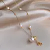 Colar de Pérola Facetada com Zircônia Banhado a Ouro Real 18K, Corrente de Clavícula Niche de Luxo Leve, Colar Estilo Retrô Francês para Mulheres