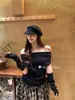 Liquidação, Sem Trocas ou Devoluções, Top de Tricô Costurado Gola Única Manga Longa Estilo Menina Picante de Outono G7198 (com Polainas)