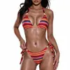 Novo Maiô Biquíni Duas Peças Colorido com Listras Europeu e Americano para Mulheres 2026, Biquíni Sexy Triângulo Costas Nuas para Praia e Fontes Termais