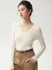 Suéter de lana 100% pura, hilado fino integrado sin costuras, para mujer, cuello en V, nuevo, corte slim, tejido fino, capa base