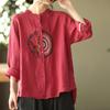 2023 Blusa Artística Vintage de Algodão e Linho Feminina Camisa Bordada de Linho Feminina Primavera Estilo Chinês Solta de Manga Longa